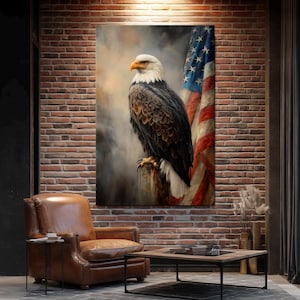 Bald Eagle With American Flag canvas wall art Patriotic decor eagle Painting print USA artwork Office decor for men Large Housewarming gift