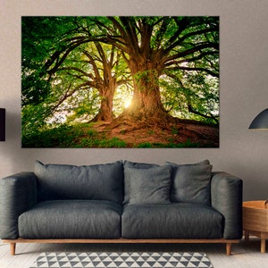 Majestic oak tree with green leaves Canvas wall art Nature print Landscape wall decor Modern art Large living room decor Housewarming gift
