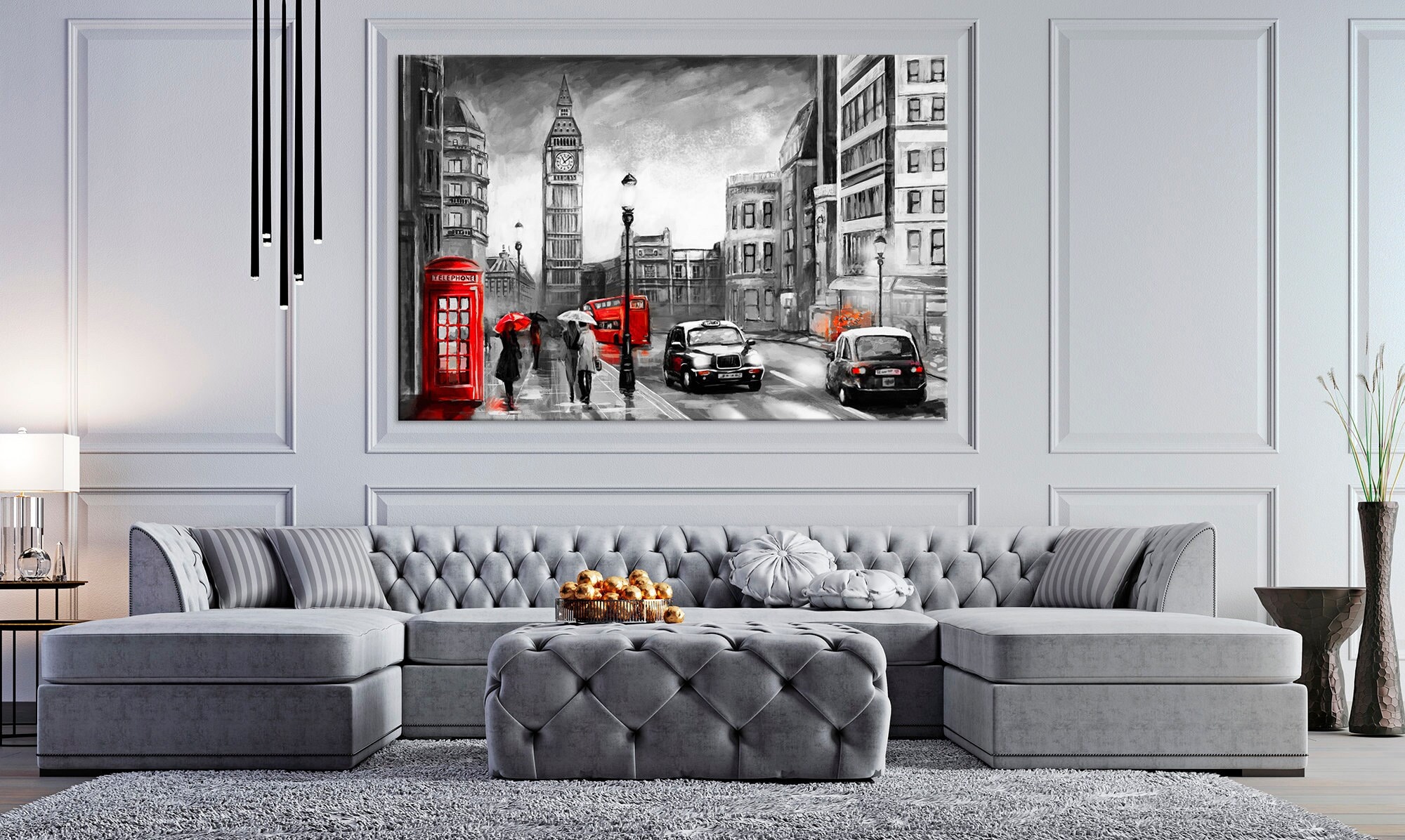 London canvas wall art Black white red London street print Red umbrella bus Modern wall decor Big Ben Large wall art Housewarming gift