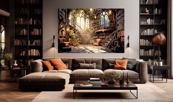 Fantasy Library canvas wall art library Painting Print Book Lover Gift Modern art Fantasy wall decor Library Large Books canvas wall art
