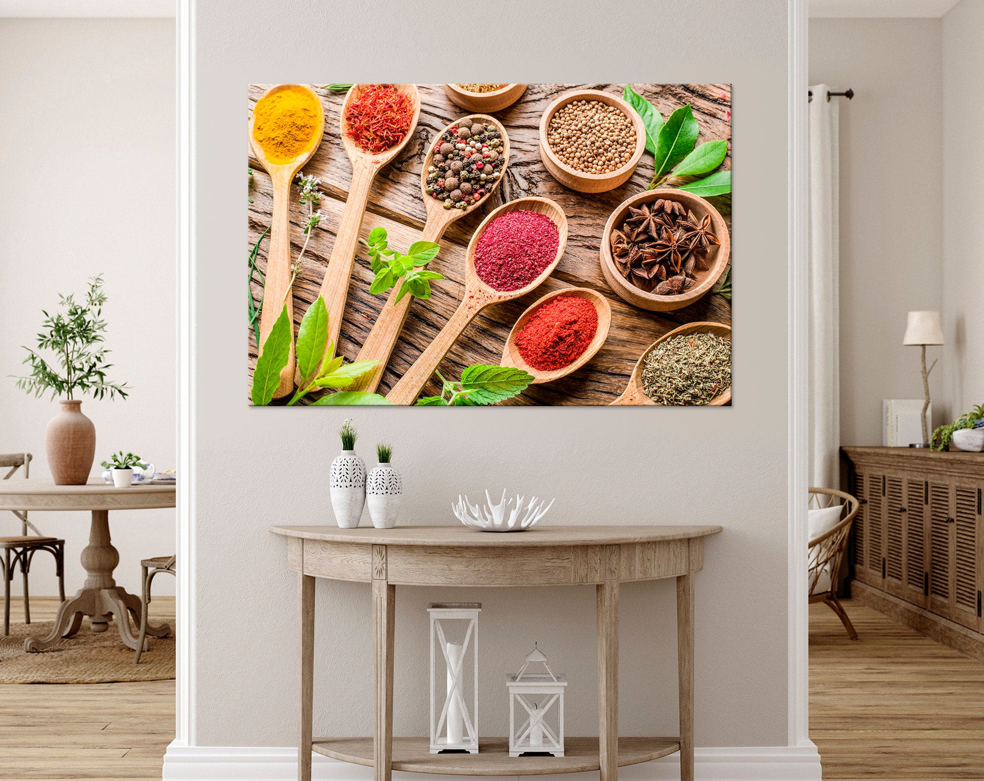 Herbs Wall Decor Kitchen Decor Food Print Spices Spoons Canvas Wall Art