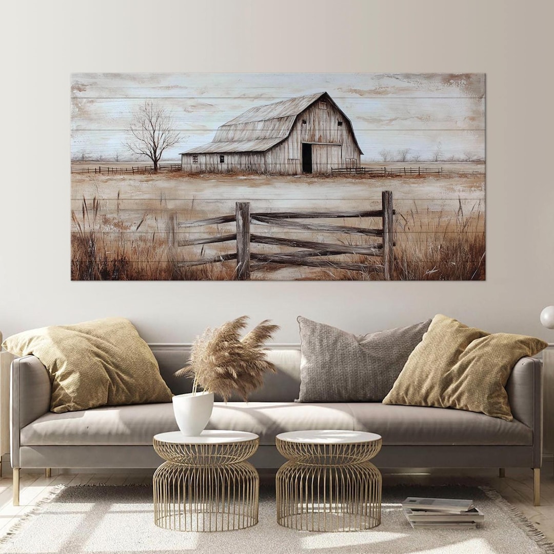 Farmhouse Wall Decor Old barn painting canvas print Rustic wall decor Wood background Vintage old barn canvas Large Farmhouse Wall Art - Single Panel, 48"x24" || 120x60 cm