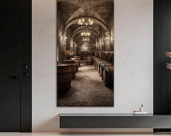 May include: A vertical canvas print depicting a wine cellar with rows of wooden barrels. The arched brick ceiling is lit by chandeliers and wall sconces, creating a warm, inviting atmosphere. The floor is paved with bricks.