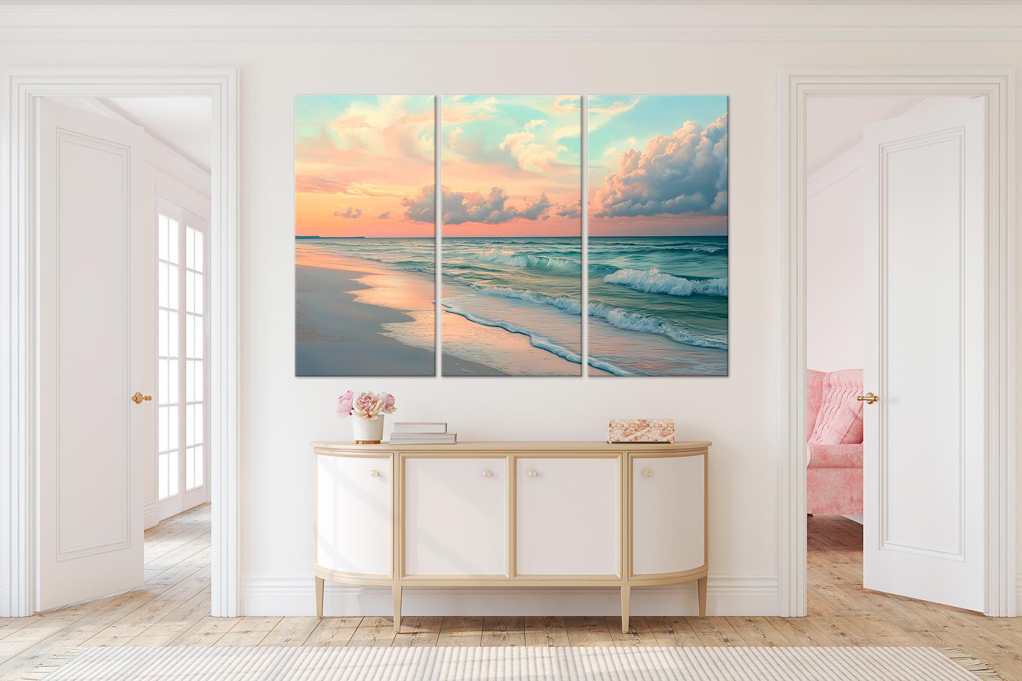 Ocean Beach at Sunset Canvas Wall Art Sea Sunrise Print Pastel Clouds ...