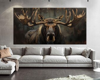 Minimalist moose canvas wall art: Animal portrait print Rustic decor