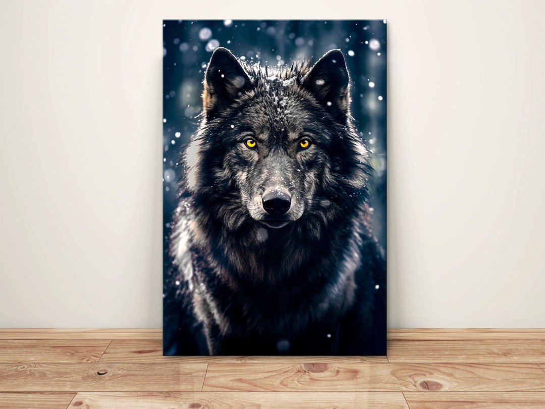 Black Wolf Canvas Wall Art Animal Print Snow Wolf in Forest Painting