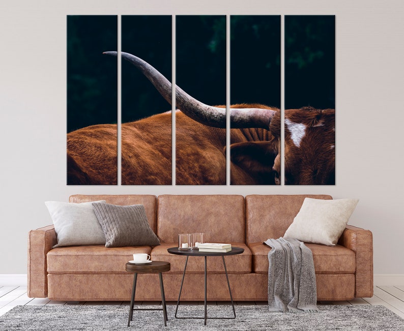 May include: A close-up of a brown and white Texas Longhorn bull with large horns. The bull is looking to the right of the frame. The background is dark and blurry.