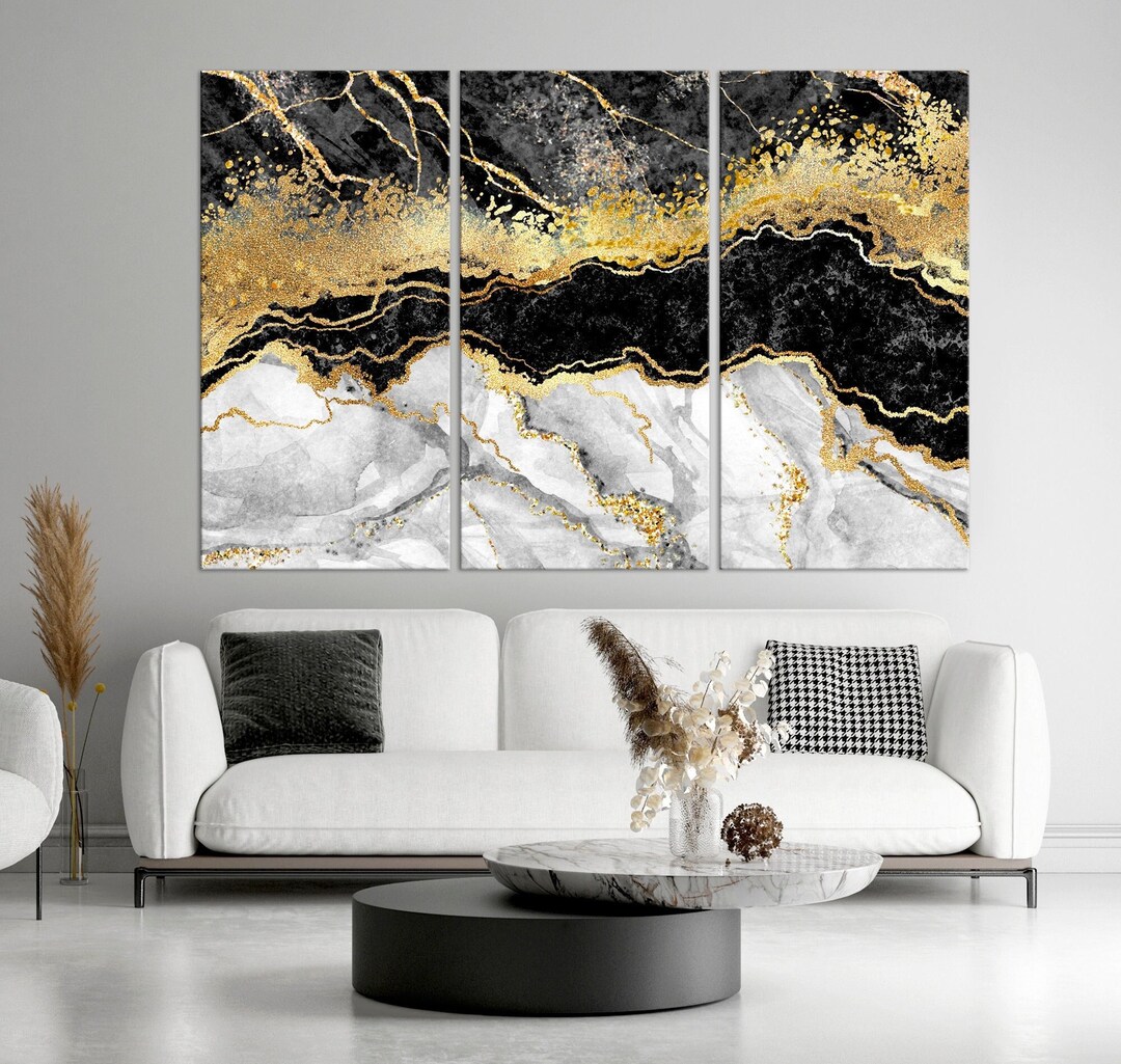 Abstract Canvas Wall Art Black White Gold Art Print Marble Canvas Art