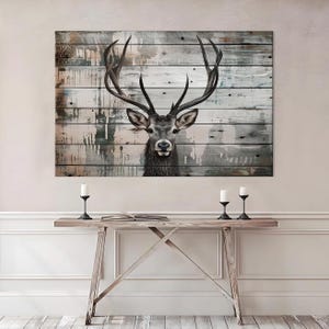 Deer Painting On Wood Canvas Print Rustic home decor Wildlife art Elk Hunting gifts Farmhouse decor Large wall art Reindeer Cabin decor