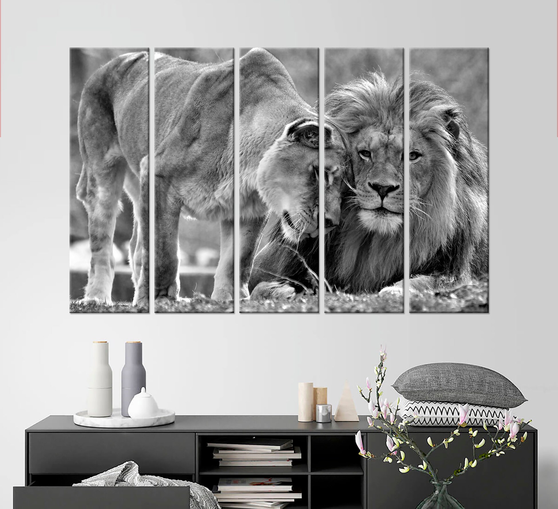 Lion lioness wall art Black White print lion family canvas art Etsy