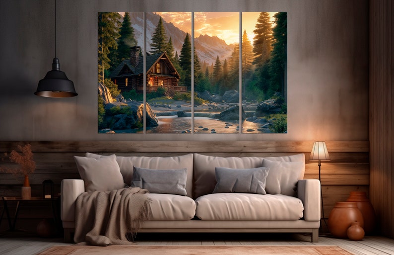 May include: A rustic wooden cabin nestled in a forest setting with a river flowing through the scene. The cabin has a wooden porch and a chimney. The forest is lush and green with tall trees. The sky is a vibrant orange and yellow, suggesting a sunset.