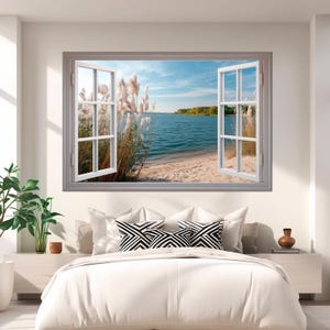 Open window with sea view Painting canvas print Sandy beach dunes Lake house decor Seaside wall art Faux window art Large Housewarming gift