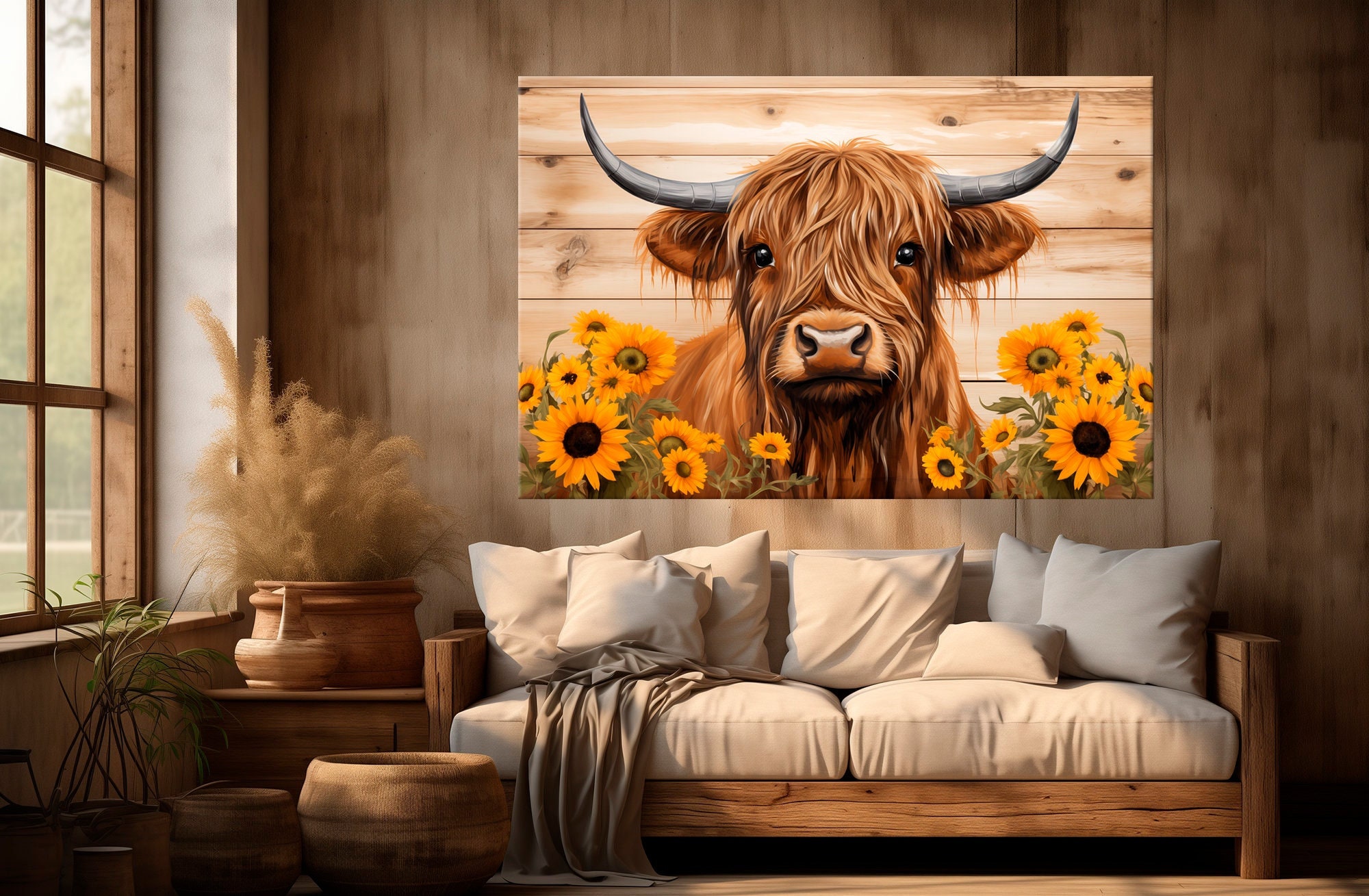 Cow canvas wall art Kids Room decor Cute cow print Cow with sunflowers Painting Funny Cow Animal wall decor Farmhouse Large wall art