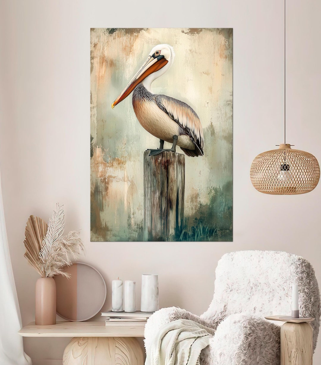 Pelican Canvas Wall Art Pelican an Wooden Post Vintage Oil Painting ...