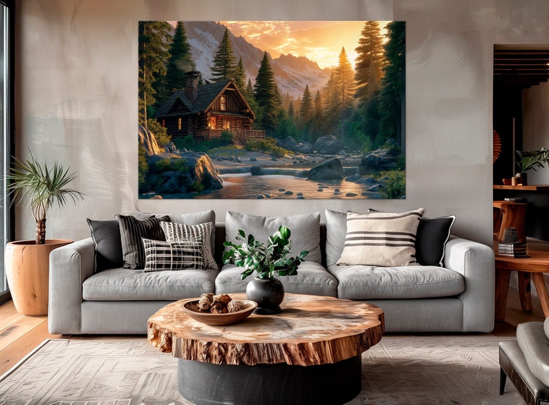 Hunting Lodge canvas wall art Forest print Mountain River Cabin Cozy Rustic wall decor Woodland Landscape Canvas Art Nature Large wall art