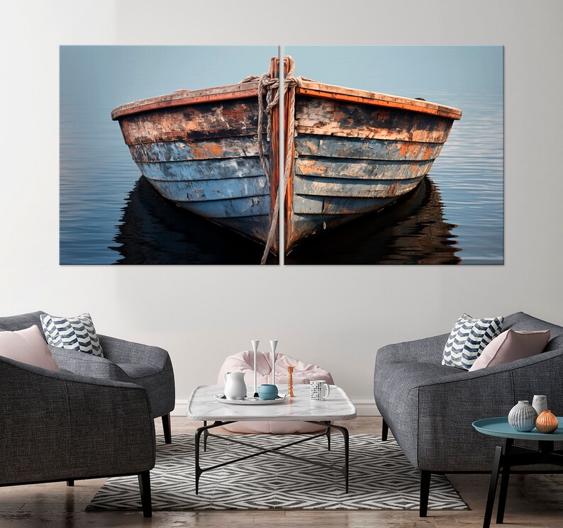 Rustic Wooden Boat Canvas Wall Art Boat on the Water Print Lake House ...
