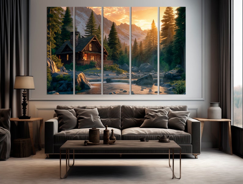 May include: A multi-panel canvas print showing a rustic cabin situated in a woodland scene. The cabin has a wooden exterior and a stone chimney. The woodland is lush and green, with tall trees and a flowing river. The sky is a vibrant orange and yellow, suggesting a sunset or sunrise.