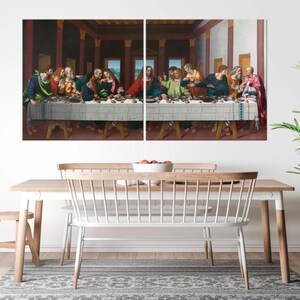 May include: A painting depicting The Last Supper, a famous biblical scene. The painting is split into two panels, showing Jesus and his disciples gathered around a table. The painting is set in a room with a wooden table and chairs, and the walls are decorated with paintings.