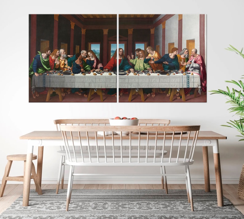 May include: A painting depicting The Last Supper, a famous biblical scene. The painting is split into two panels, showing Jesus and his disciples gathered around a table. The painting is set in a room with a wooden table and chairs, and the walls are decorated with paintings.