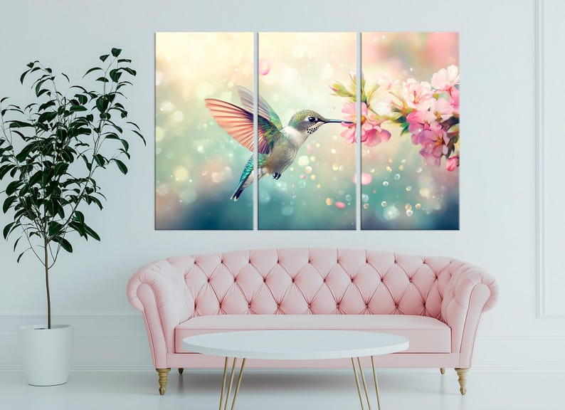 Hummingbird Canvas Wall Art Bird Painting Print Blue Pink Tropical Wall ...