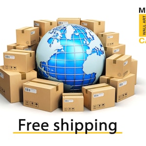 May include: A blue globe surrounded by cardboard boxes, with the text "MODERN WALL ART CANVAS" and "Free shipping" below. This image represents worldwide shipping for canvas art.