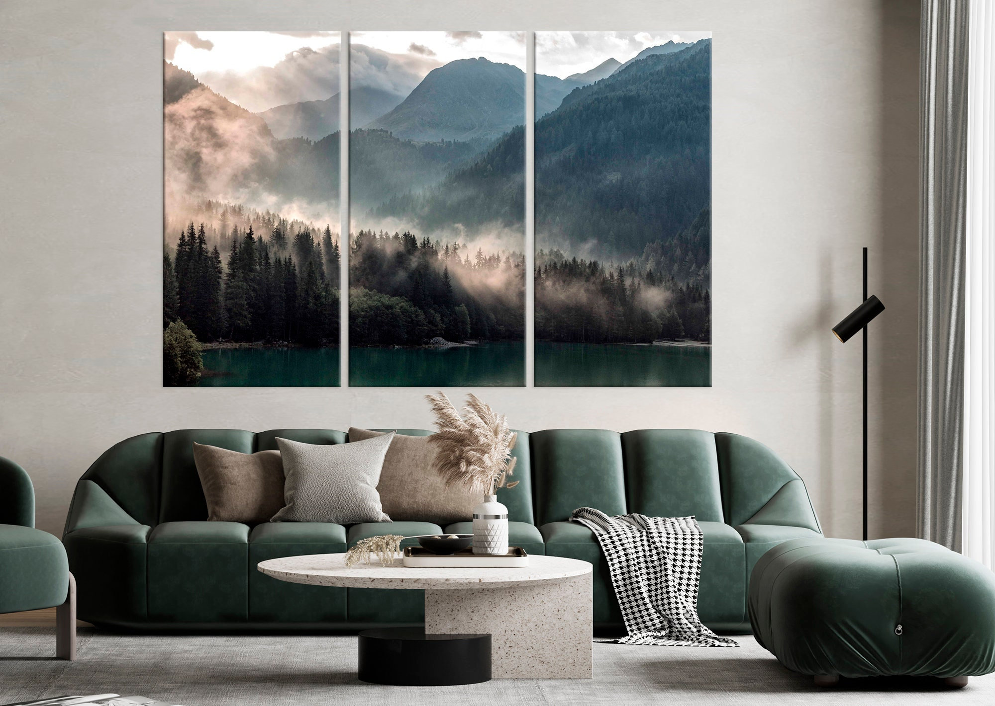 Foggy Mountain canvas print Forest Large canvas art Nature wall art Mountain Lake Living room decor Tree print Multi panel canvas