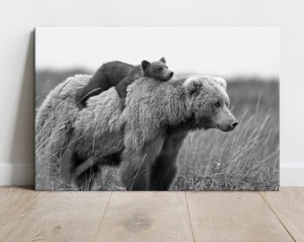 Bear canvas wall art Bear Cub Nursery wall decor Brown bear Funny Animal wall art Kids room decor Baby Animal black white print