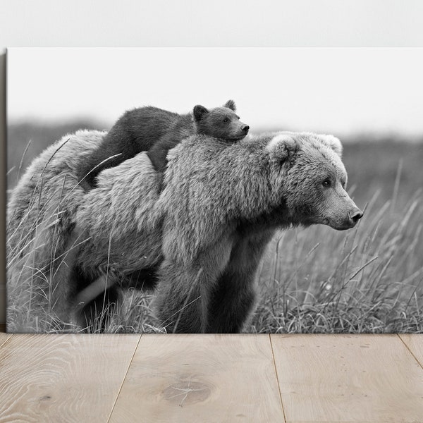 Bear canvas wall art Bear Cub Nursery wall decor Brown bear Funny Animal wall art Kids room decor Baby Animal black white print