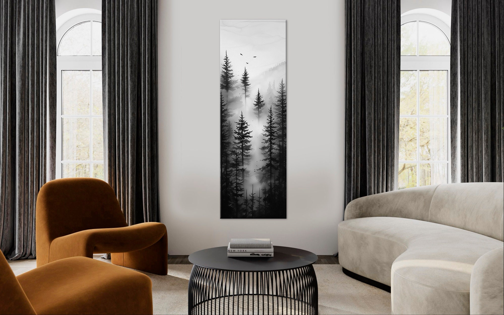 Foggy Forest Canvas print Tall narrow wall art Forest painting Black White Print Long Vertical Artwork Forest Modern Large Wall Art