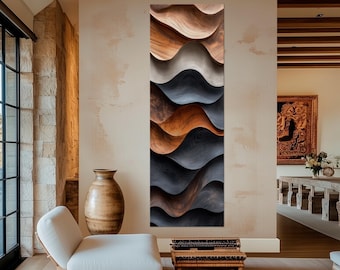May include: A vertical wooden wall art piece with a wave-like design. The artwork features layers of wood in shades of brown, gray, and black. The piece is mounted on a beige wall in a room with a white chair and a large vase.