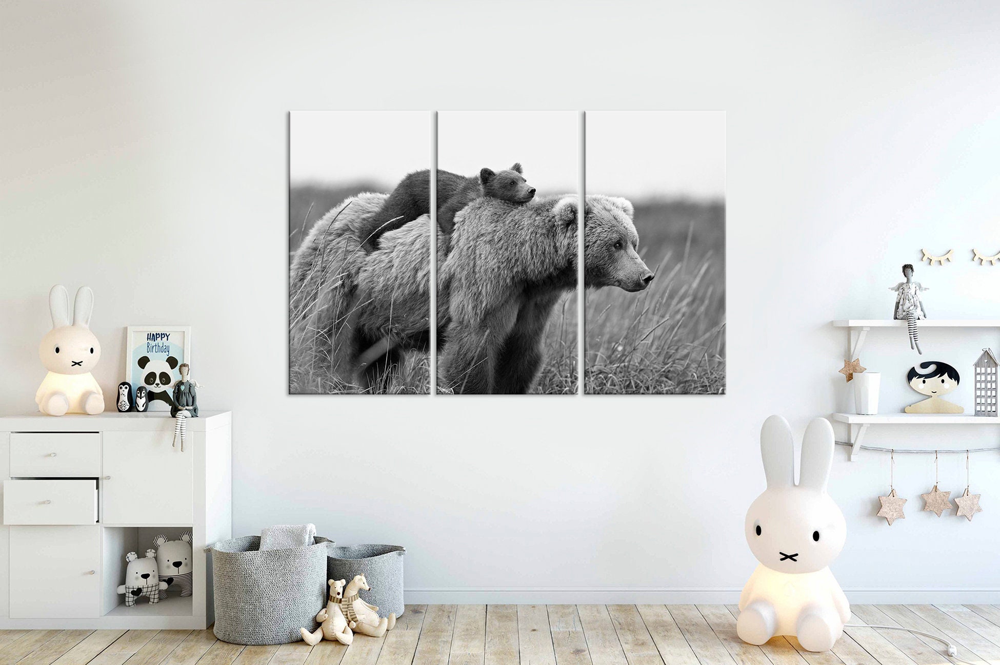 Bear canvas wall art Bear Cub Nursery wall decor Brown bear Funny Animal wall art Kids room decor Baby Animal black white print