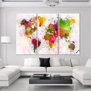 Art mural en toile carte du monde, impression de carte aquarelle, carte abstraite, cadeau de pendaison de crémaillère, art de la géographie, cadeaux de voyage, carte du monde colorée, grande toile d'art