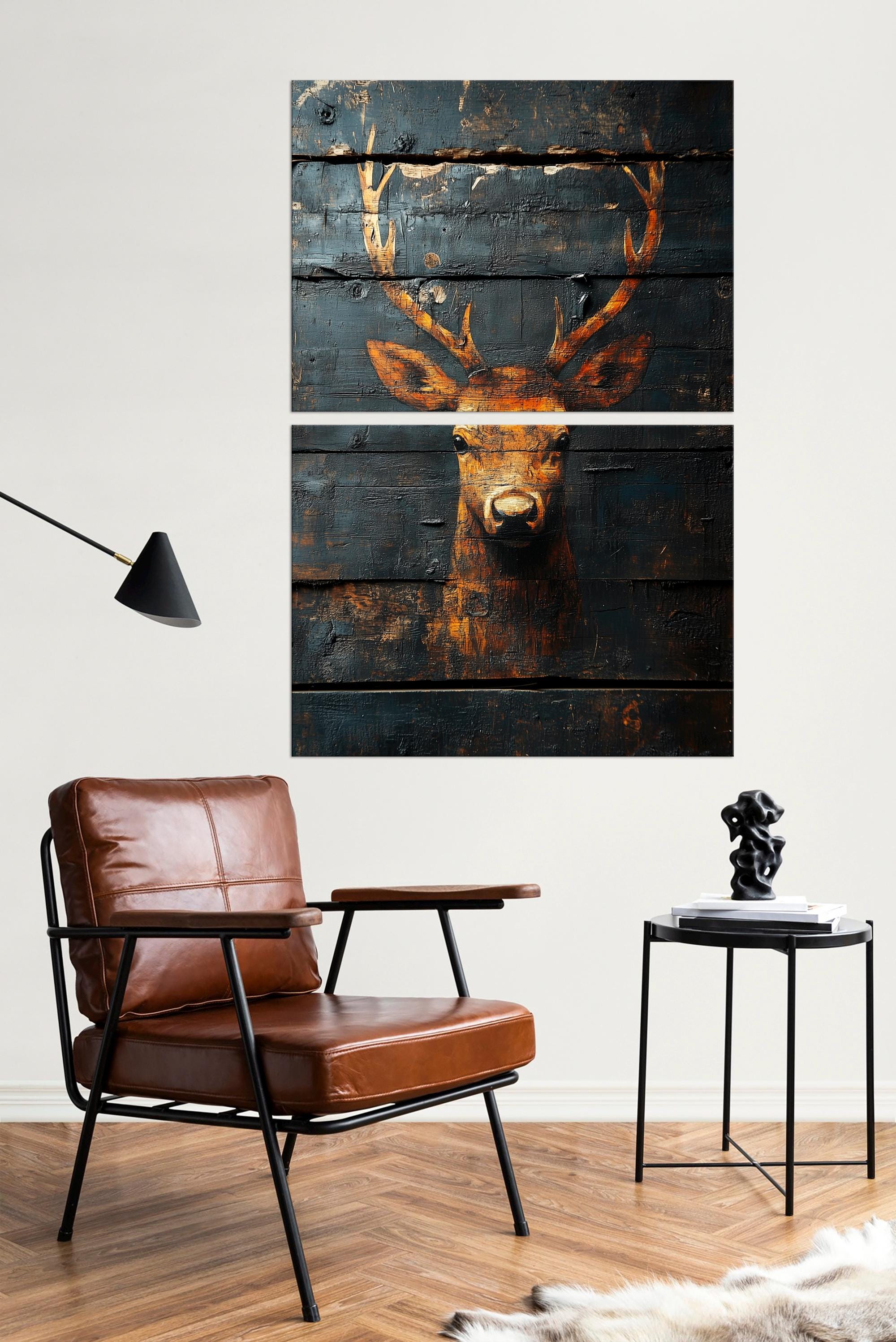 Deer on a Wood Black Background Canvas Wall Art Deer Painting Print ...