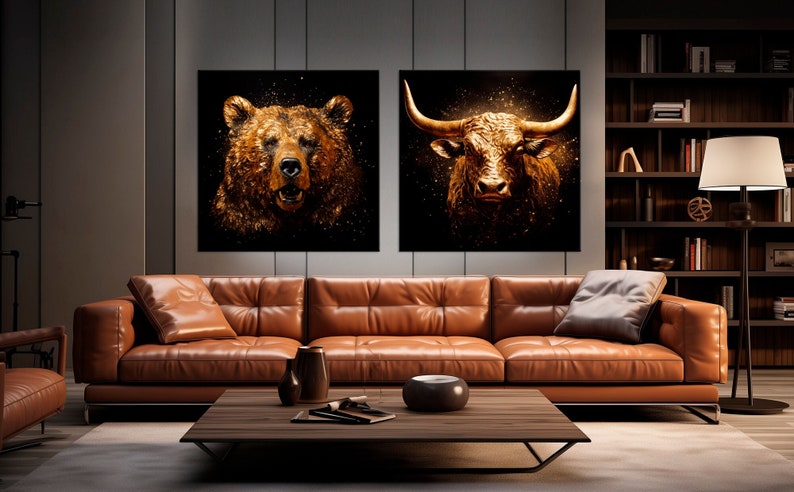 Bull bear canvas wall art Stock market print Office Wall decor Gold Bull bear Wall street Business gifts Market Stock Exchange Finance Art