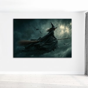 Goth witch broom large canvas wall art print Dark academia decor Witch wall art Halloween wall decor Gothic wall art Halloween art