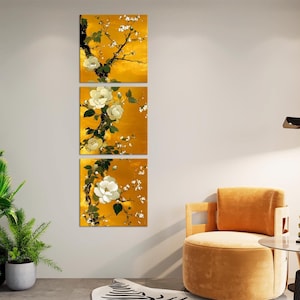 White flowers canvas wall art Yellow Chinese landscape painting print Asian blossom Floral Art Long narrow decor Oriental Housewarming gift