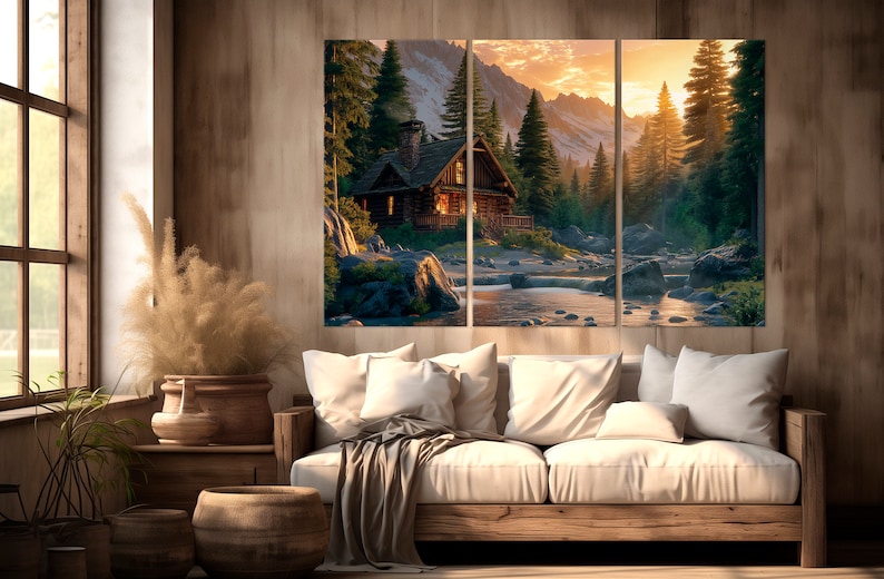 May include: A three-panel canvas print showing a rustic cabin situated in a verdant forest. The cabin has a wooden exterior and a stone chimney. A river flows in front of the cabin, with mountains visible in the background. The sky is a vibrant orange and yellow, suggesting a sunset.
