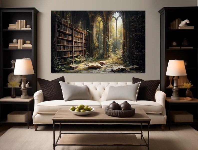 Fantasy Library canvas wall art Library Painting Print Book Lover Gift Dark cottagecore wall decor Large dark academia art Book canvas print