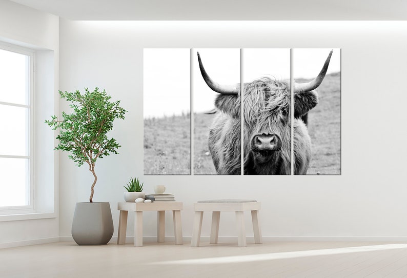 K&ouml;nnte beinhalten: Ein vierteiliges Wandbild-Set mit einer Schwarz-Wei&szlig;-Fotografie eines Hochlandrindes mit langem, zotteligem Fell und markanten, geschwungenen H&ouml;rnern. Das Bild zeigt das Tier von der Brust aufw&auml;rts vor einem grasbewachsenen Feld.