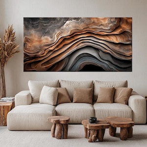 Abstract waves canvas wall art Natural Wood Texture painting print Rustic wall decor Large art Elegant Earthy wall decor Housewarming gift