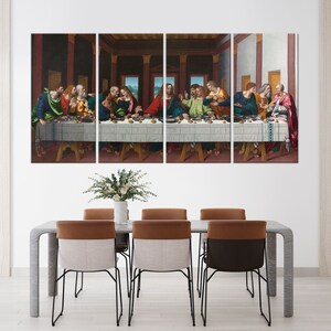 May include: A painting depicting the Last Supper, a famous scene from the Bible. The painting shows Jesus Christ and his 12 disciples gathered around a table, sharing a meal. The painting is divided into four sections, each depicting a different part of the scene. The painting is set in a room with a wooden table and chairs. The painting is framed and ready to hang.