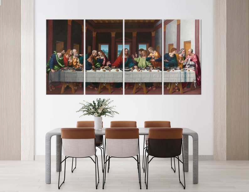May include: A painting depicting the Last Supper, a famous scene from the Bible. The painting shows Jesus Christ and his 12 disciples gathered around a table, sharing a meal. The painting is divided into four sections, each depicting a different part of the scene. The painting is set in a room with a wooden table and chairs. The painting is framed and ready to hang.