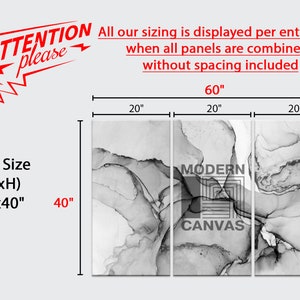 May include: A three-panel abstract canvas wall art set with black and white ink swirls. The total size of the set is 60 inches wide by 40 inches high. The set is labelled "MODERN CANVAS".