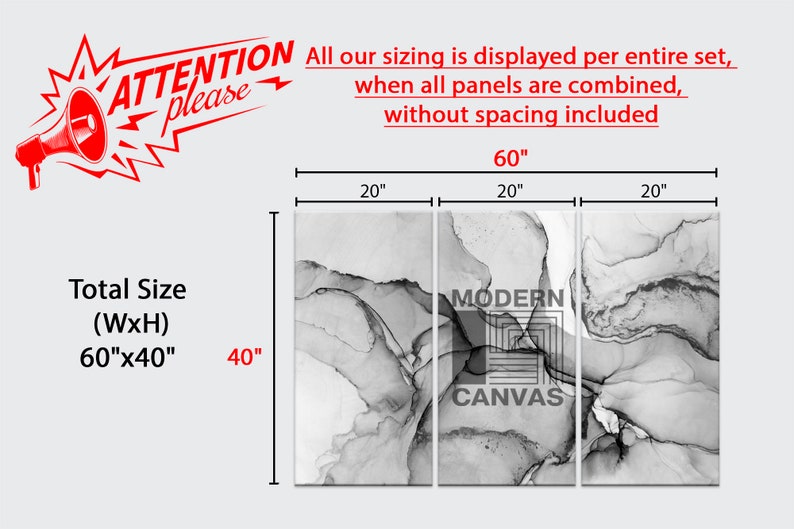 May include: A three-panel abstract canvas wall art set with black and white ink swirls. The total size of the set is 60 inches wide by 40 inches high. The set is labelled "MODERN CANVAS".
