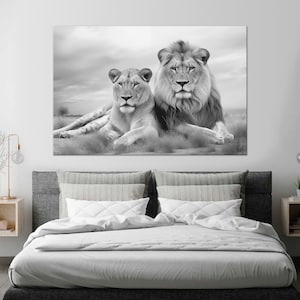 Lion canvas wall art Black White print Lion Family canvas art Lion lioness print Anniversary gifts Love print Animals decor Large wall art