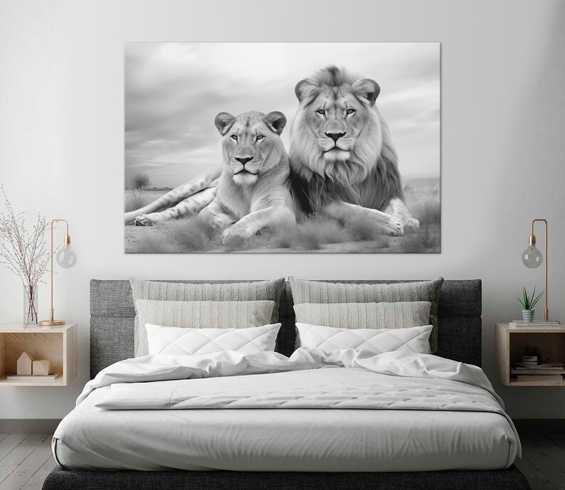 Lion Canvas Wall Art Black White Print Lion Family Canvas Art Lion ...