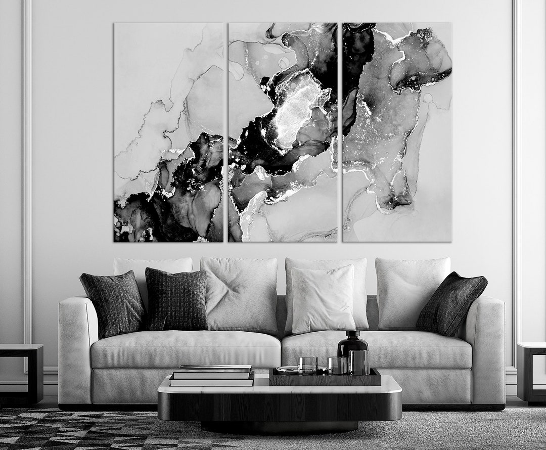 Abstract Canvas Wall Art Silver Marble Print Abstract Black White Wall