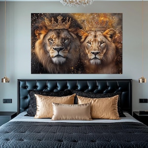 Lion and lioness canvas wall art Anniversary gift Above bed wall decor Romantic wall art Lion king crown Gift for couple King queen wall art