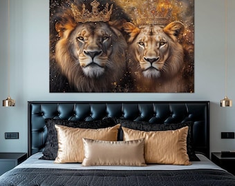 Lion and lioness canvas wall art Anniversary gift Above bed wall decor Romantic wall art Lion king crown Gift for couple King queen wall art