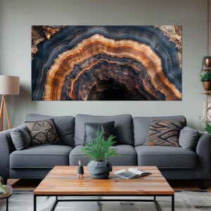 May include: Abstract art print featuring a close-up of a tree trunk cross-section. The image shows concentric rings of dark brown, light brown, and black, creating a swirling pattern.